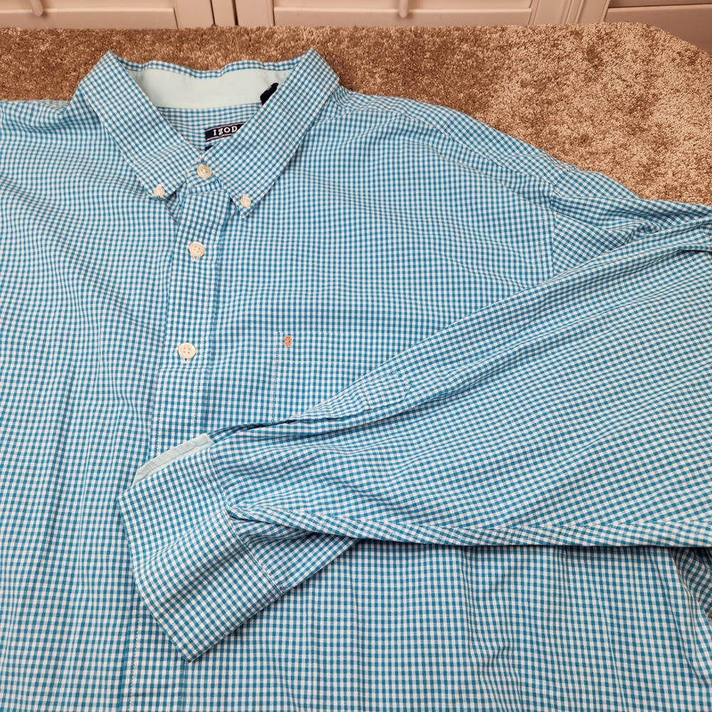 IZOD Mens 4XL Teal Blue Gingham Check Button Premium Essentials Shirt Long Slv
